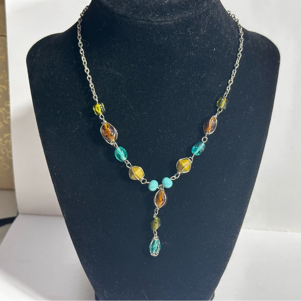 Wire Wrapped Necklace Earthy Brown Green Aqua Blue Glass Y Drop Fairy Whimsical